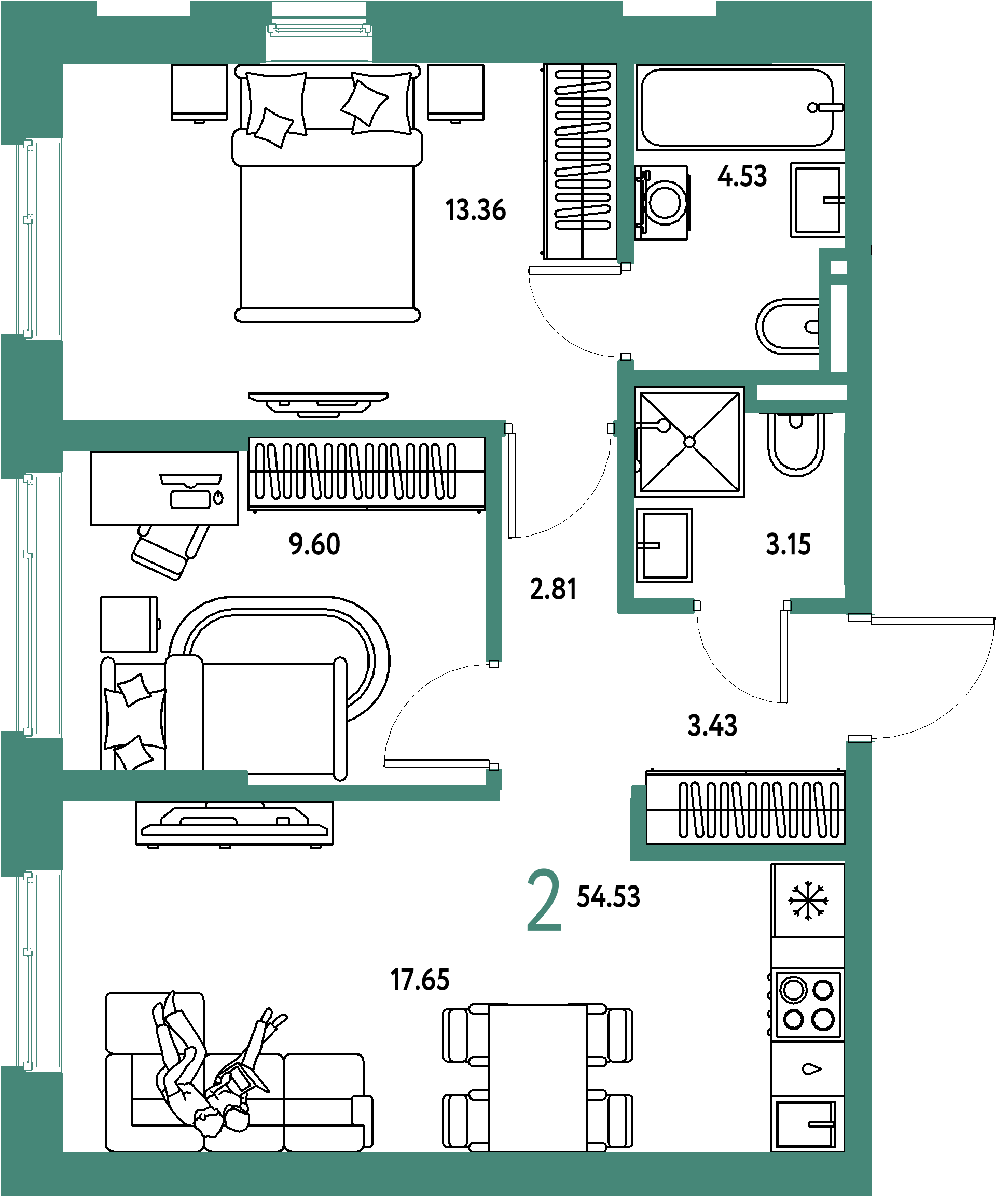 2-комнатнаяквартира54.53м²